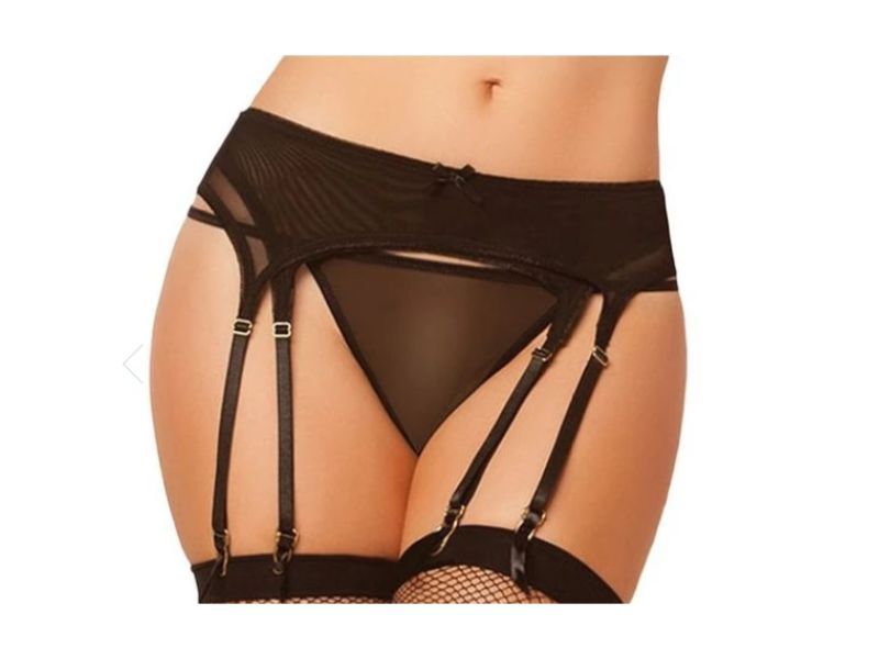 Talullah Suede - Saturday Night Double Suspender Black Mesh Garter