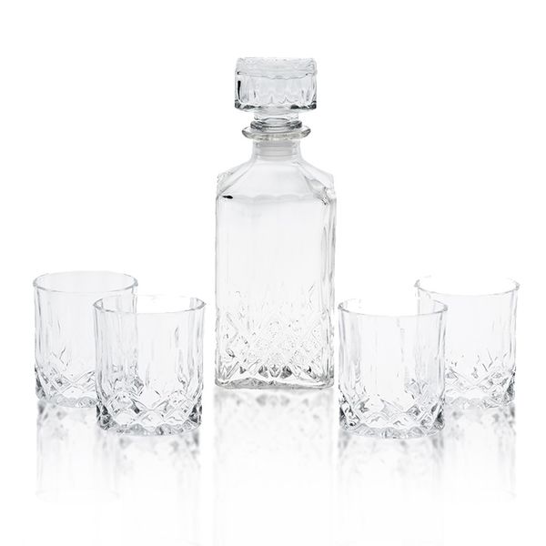 Diamond Cut Whiskey Decanter 900ml with 4 Glasses 230ml - Gift Set