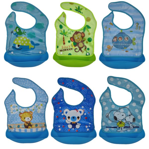 Detachable Food Catcher Washable Baby Bib Boy Bundle - Set of 6