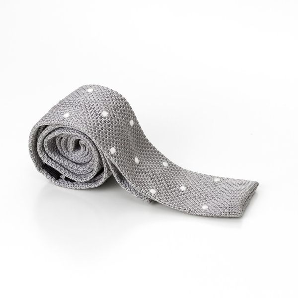 Flat Tipped Grey with White Polk Dots Knit Tie