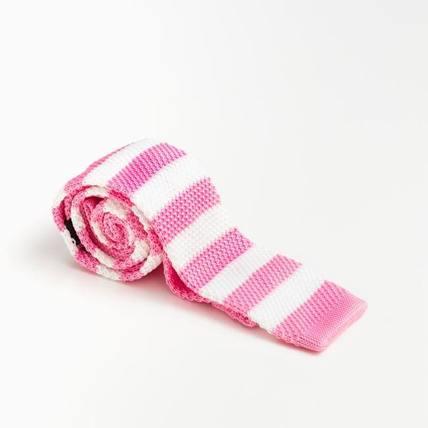 Pink and White Striped Wool Knit Tie