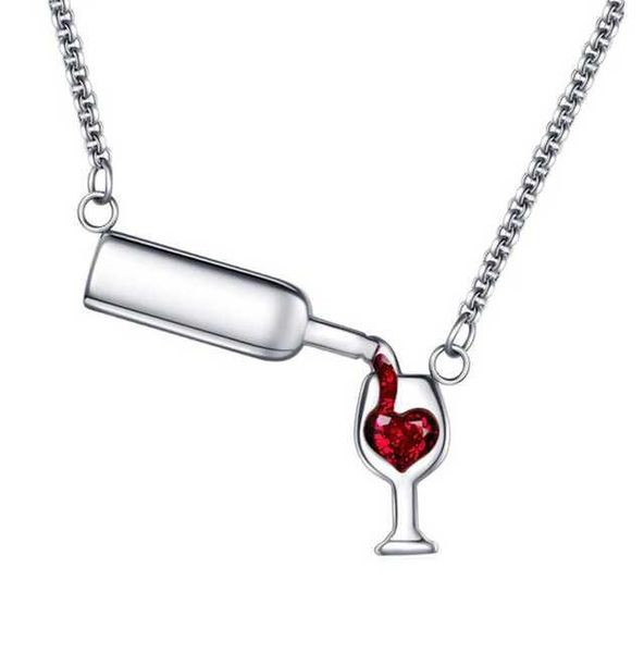 Wine Bottle And Glass Pendant Necklace - Silver
