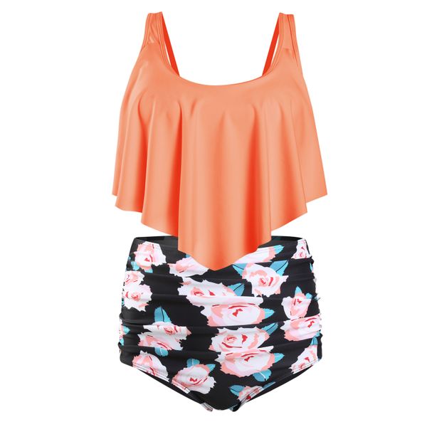 Olive Tree - Ladies Top Ruffled High Waist Tummy Control Swimsuit - Peach