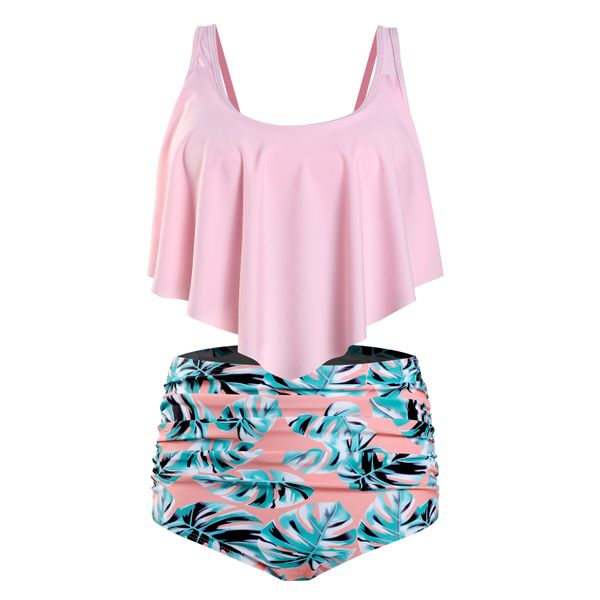 Olive Tree - Ladies Top Ruffled High Waist Tummy Control Swimsuit - Pink