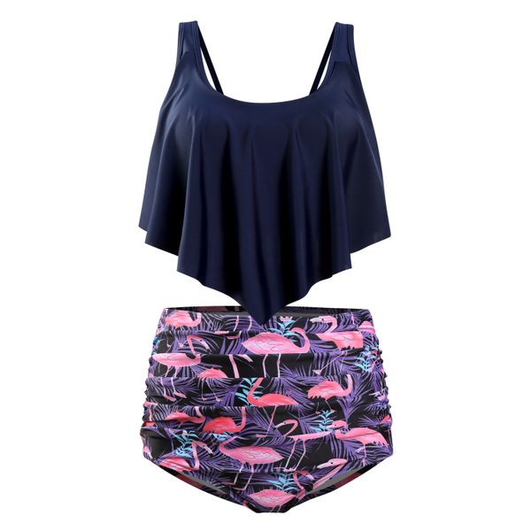 Olive Tree - Ladies Top Ruffled High Waist Tummy Control Swimsuit - Navy