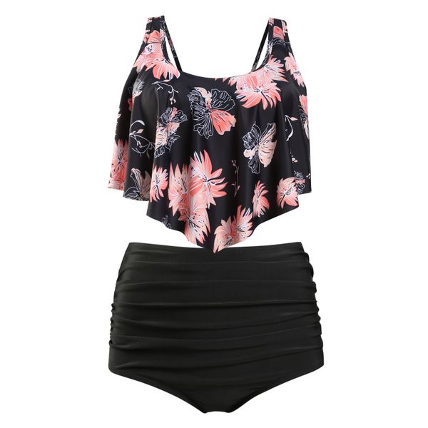 Olive Tree - Ladies Top Ruffled High Waist Tummy Control Swimsuit - Black