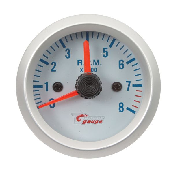 Dragon Gauge 52mm Tachometer / Rev Counter - Silver and White