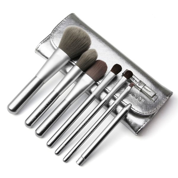 7 Piece Foundation Makeup Brushes Set with Bag - Silver
