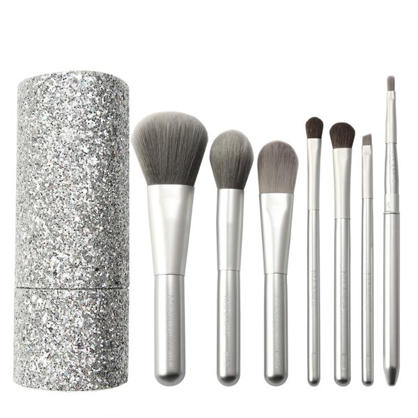 7 Piece Silver Foundation Makeup Brushes Set with Shining Brush Holder