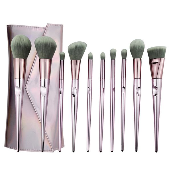 10 Piece Foundation Makeup Brushes Set with PU Bag-Champagne