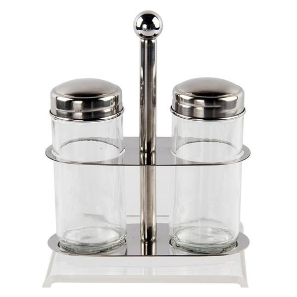 3 Piece stainless steel mirror finish and glass salt and pepper set