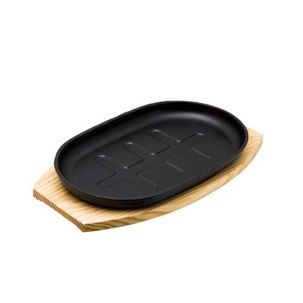 Regent Cookware Cast Iron Oval Steak Plate on a Wooden Board, (300x180x35mm)