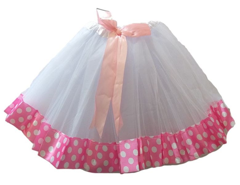 G4A - Kids Tutu Skirt - White with Light Pink Polka Ribbon Trim