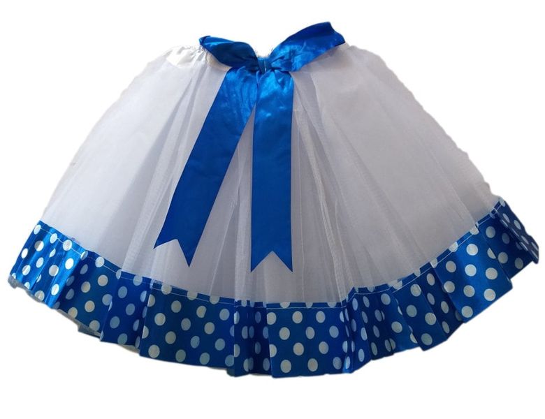 G4A - Kids Tutu Skirt - White with Royal Blue Polka Ribbon Trim