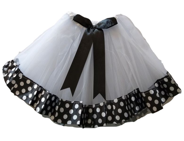 G4A - Kids Tutu Skirt - White with Black Polka Ribbon Trim
