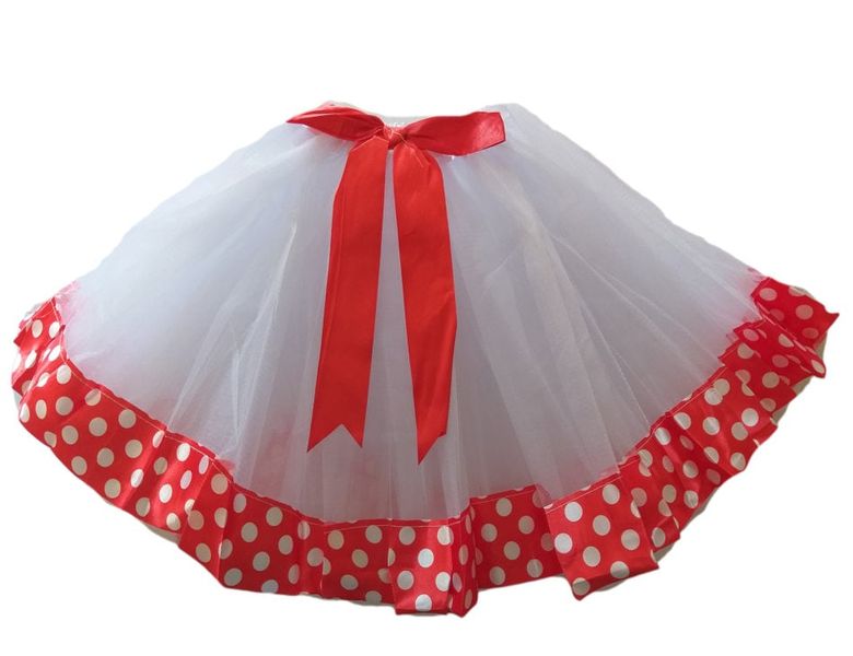 G4A - Kids Tutu Skirt - White with Red Polka Ribbon Trim