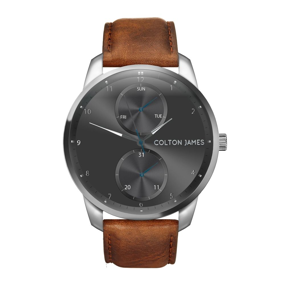 Colton James Premium Charcoal Silver Aviator Watch - Brown Leather ...