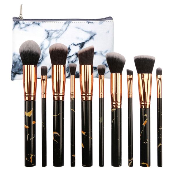 Professional 10 Piece Marble Brush Set with Storage Pouch - Black