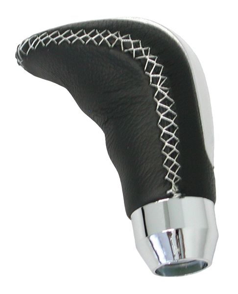 Gear Knob Black Leather Cap Silver
