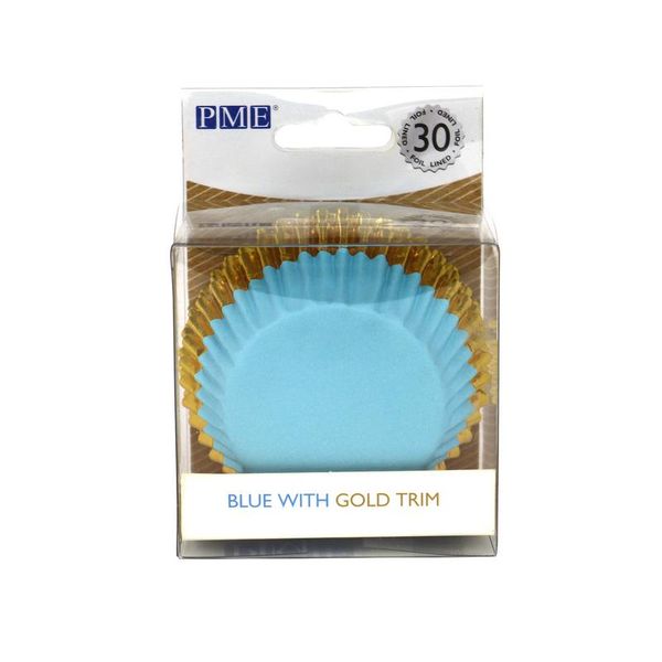 Cupcake Cases Foil Lined - Blue with Gold Foil Trim Pack of 30
