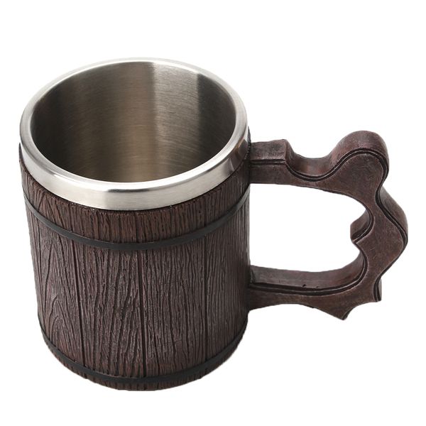 Classic Simulation Wooden Barrel Double Wall Stainless Steel Beer Mug