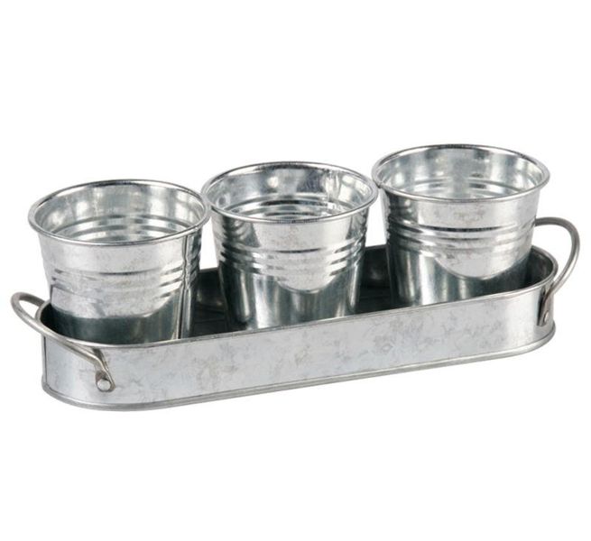 Metal Tray With 3 Planters - 24x7x8cm, Galvanised