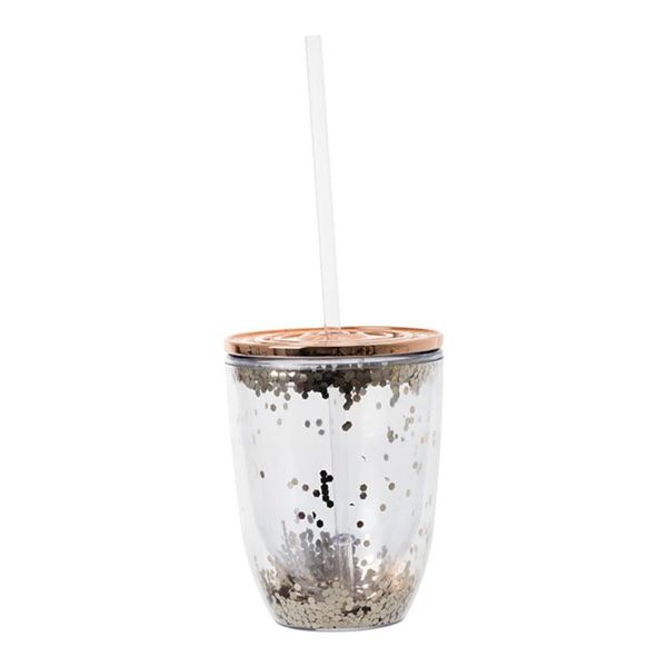 Double Wall With Glitter Tumbler With Straw And Lid - 350ml