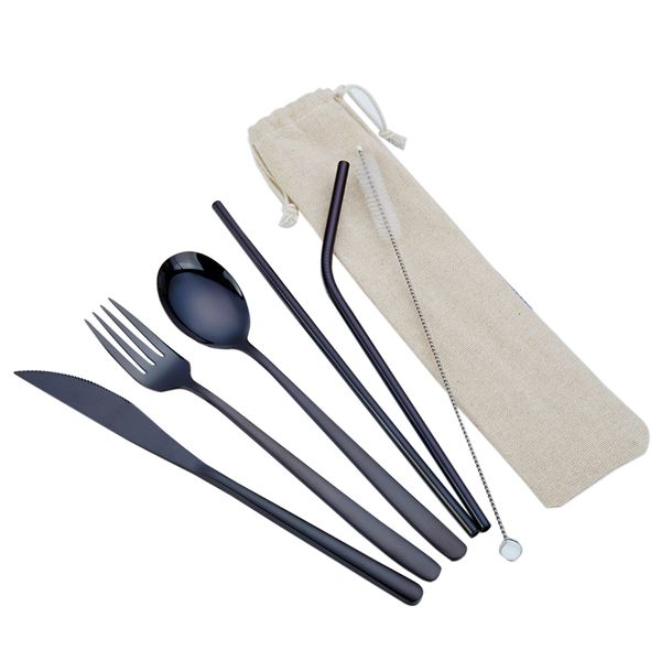 Olive Tree - Portable 7-Piece Cutlery Set for Office Travel - Black