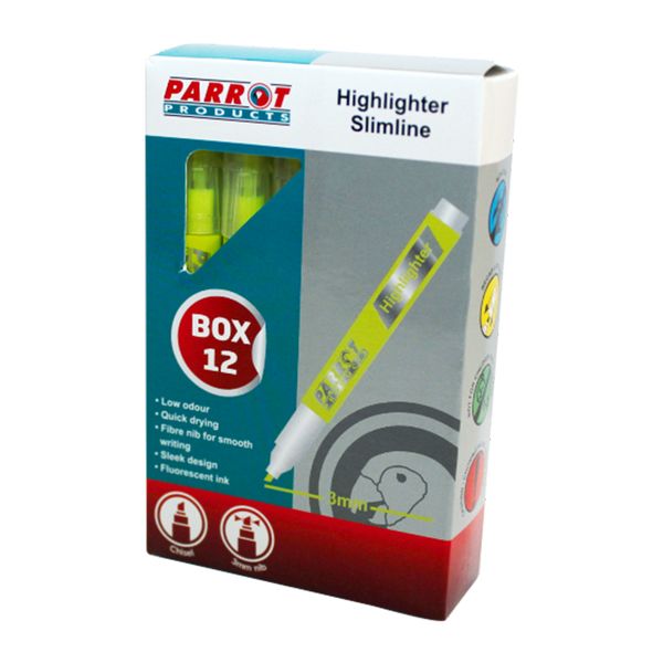 Parrot Products Slimline Marker Highlighters (Box of 12 - Yellow)