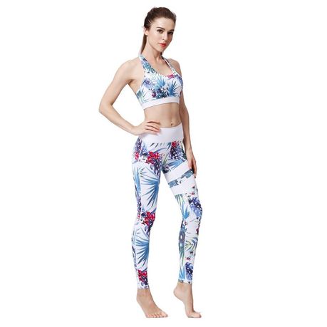 Ladies Blue and White Tropical Yoga Set Activewear, HK203, Shop Today.  Get it Tomorrow!