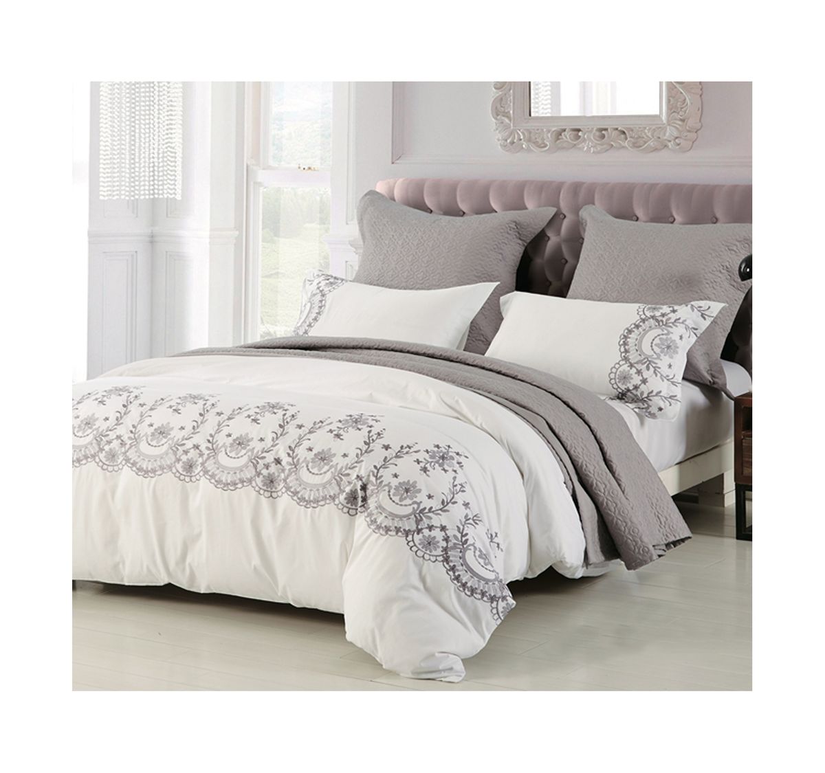 Bedding Set - Tenerife - White with Grey Embroidery - Includes a Bag ...