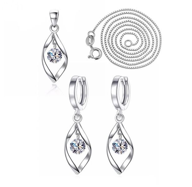 925 Sterling Silver Imitation Pearl Twist Water Drop Hoop Necklace+Earrings