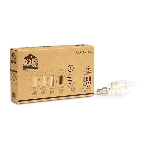 The Lighting Warehouse - LED 4w Candle Filament E14 6500k DIM 5 Pack