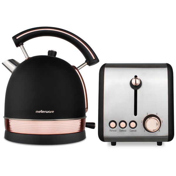 Mellerware Pack 2 Piece Set Stainless Steel Black Kettle And Toaster "Rose Gold