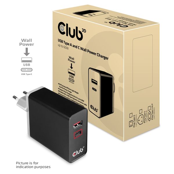 Club 3D USB Type-A And Type-C Dual Power Charger Up To 60w