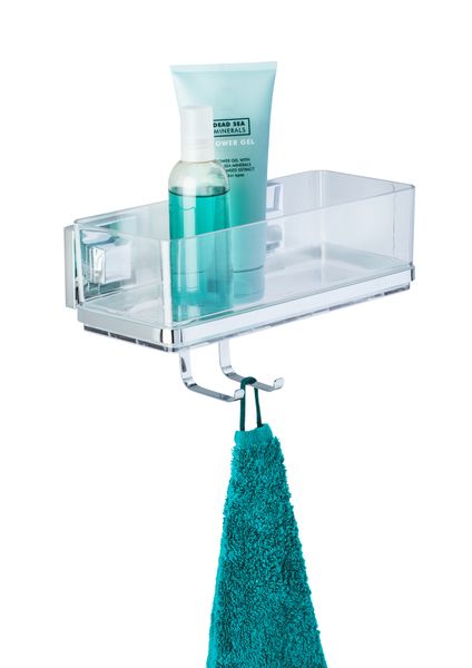 WENKO - Vacuum-Loc® Wall Shelf + Hooks Quadro Range - S/Steel - No Drilling