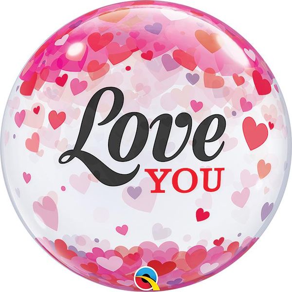 22 Inch Single Bubble Balloon - I Love You Confetti Hearts 1 Pack
