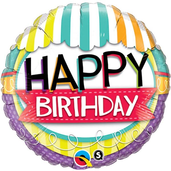 Qualatex 18 Inch Foil Round Birthday Striped Awning Balloon 1pack