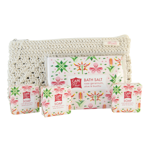 Cape Flair - Rose Geranium and Aloe Pamper Set with Crocheted Bag