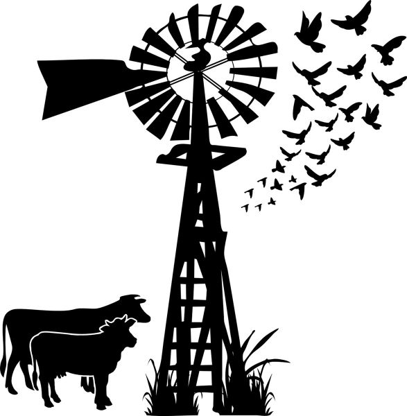 Windmill With Cows, Birds, Windpomp Sticker Decal - Black