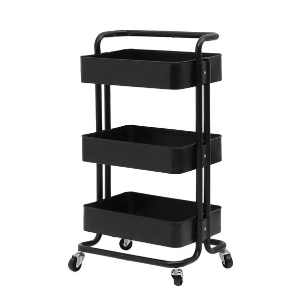 Metal Mesh 3-Tier Utility Rolling Cart Storage Organizer with Wheels-Black