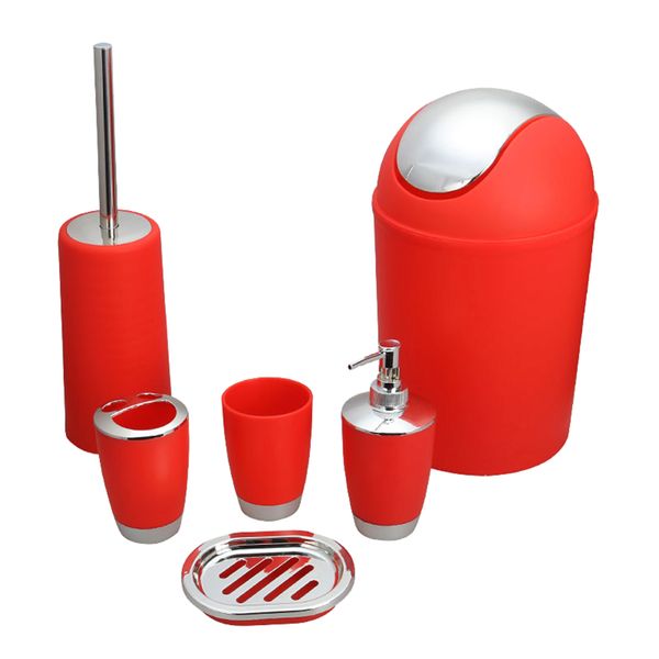 6 Piece Plastic Bath Accessory Bathroom Set - Red