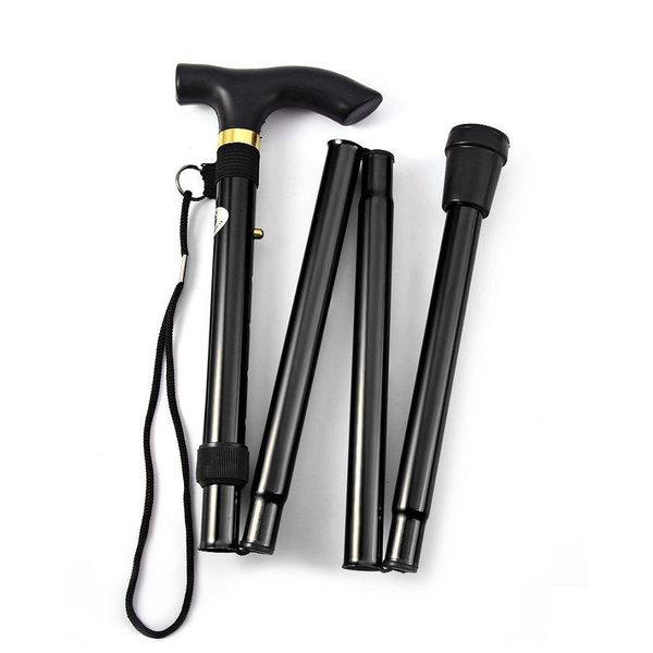 Aluminum Folding Cane Walking Stick with Rope - Black