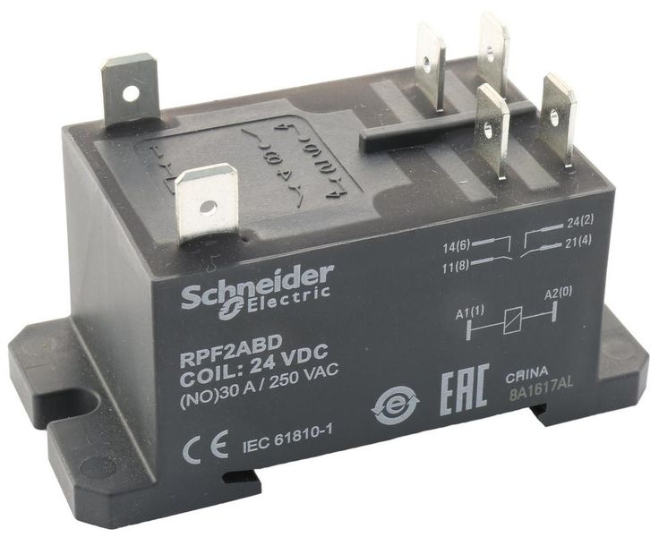 Power Relay, DPST-NO, 24 VDC, 30 A, Zelio RPF Series, DIN Rail