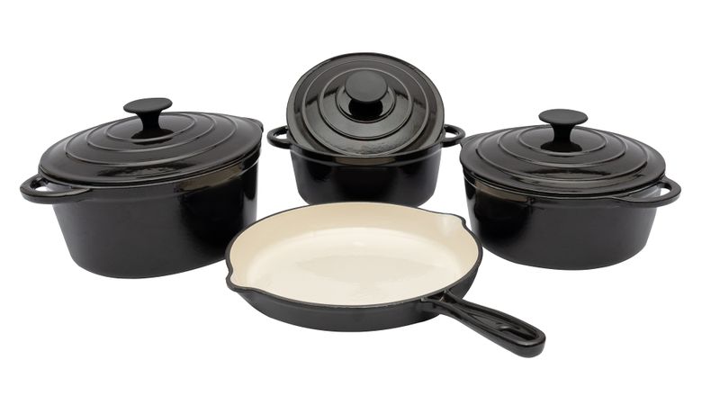 Seven Piece Cast Iron Cookware set Including Double Spouted Frying Pan