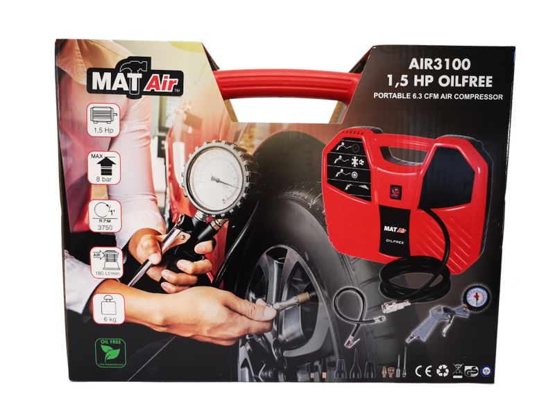 MatAir - Portable 6.3 CFM Air Compressor - 1,5 HP Oil Free (AIR3100)
