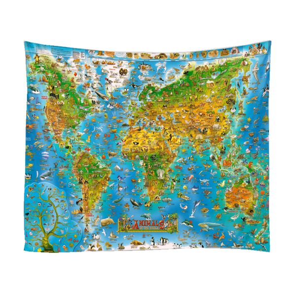 Animals of World Map Wall Hanging Tapestry for Children Bedroom Home Decor