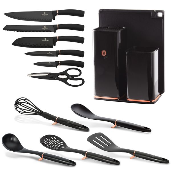 Berlinger Haus 12 Piece Knife Set with Stand and Kitchen Tools - Black Rose
