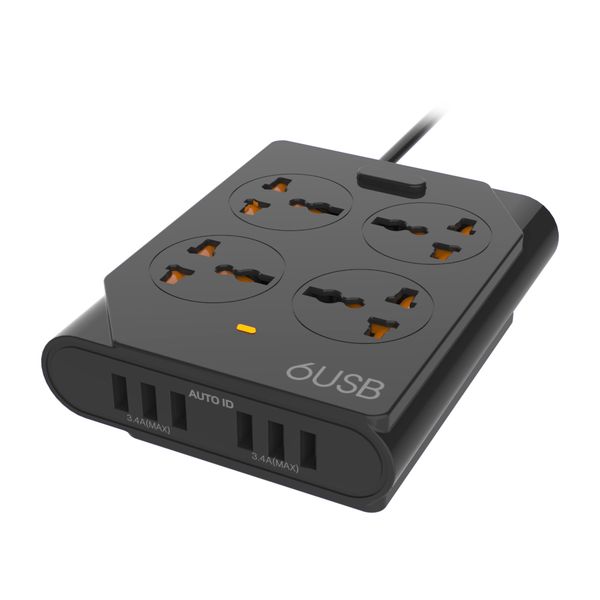 Moxom Universal 4 Power Sockets with 6 USB Ports - Black