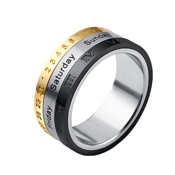 8mm Calendar Time Roman Numerals Stainless Steel Ring